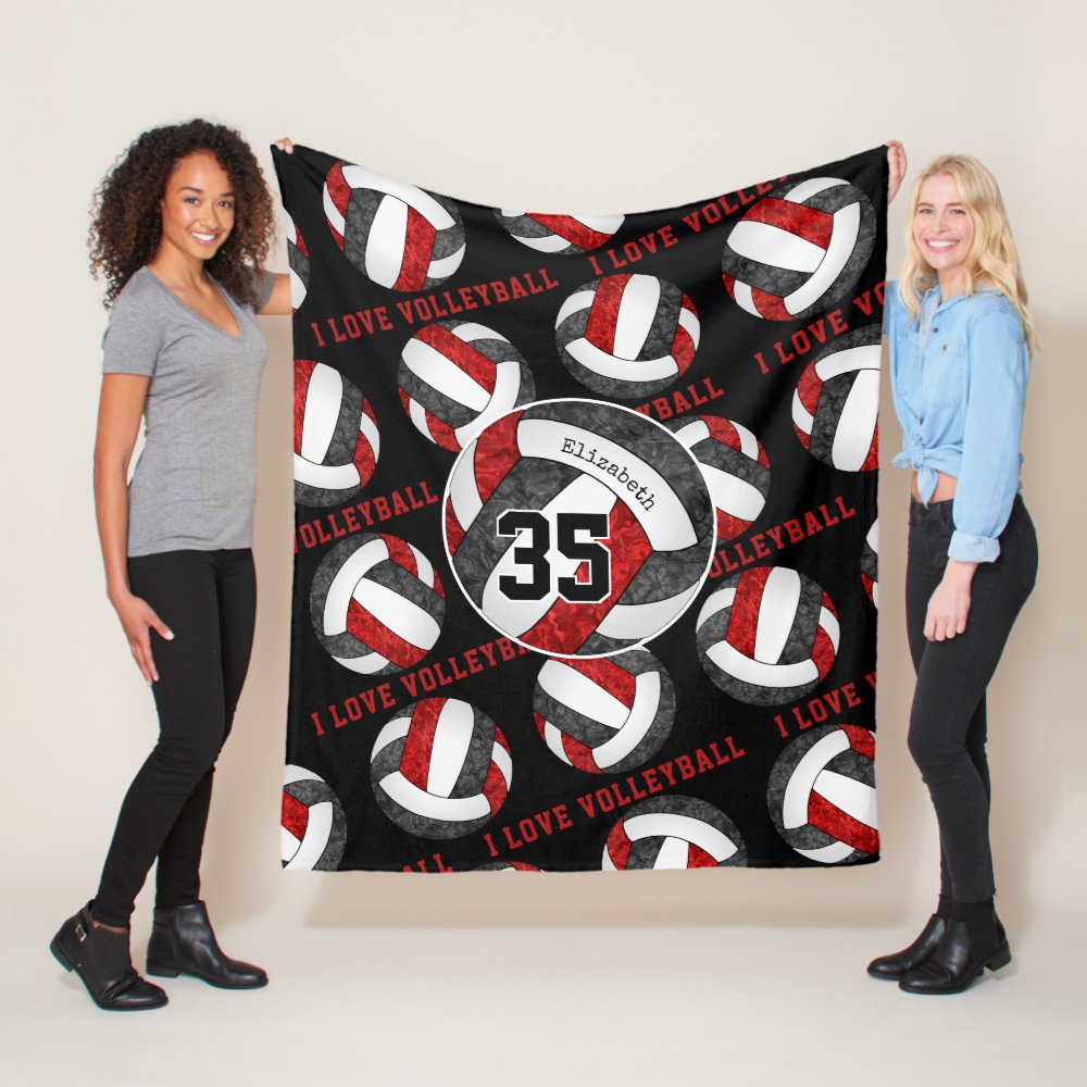 black red team colors girls i love volleyball fleece blanket - Volleyball Gifts