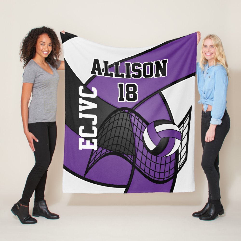 custom volleyball sport purple white black fleece blanket - Volleyball Gifts