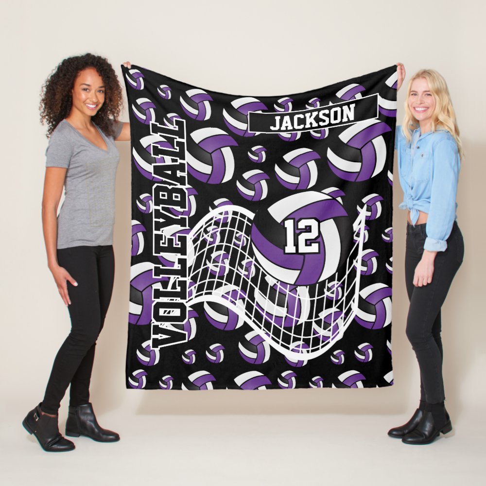 purple black and white volleyball pattern fleece blanket - Volleyball Gifts