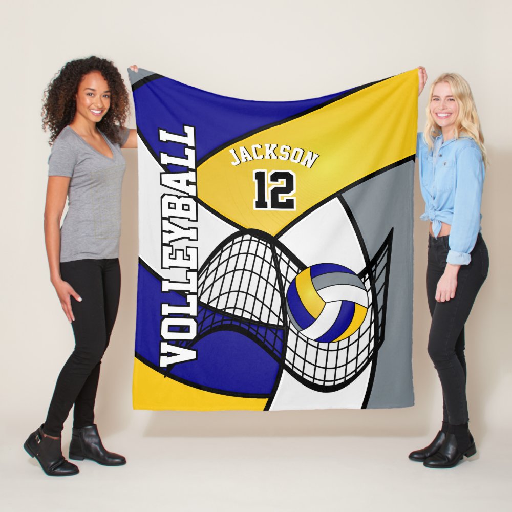 volleyball sport in blue white and yellow fleece blanket - Volleyball Gifts